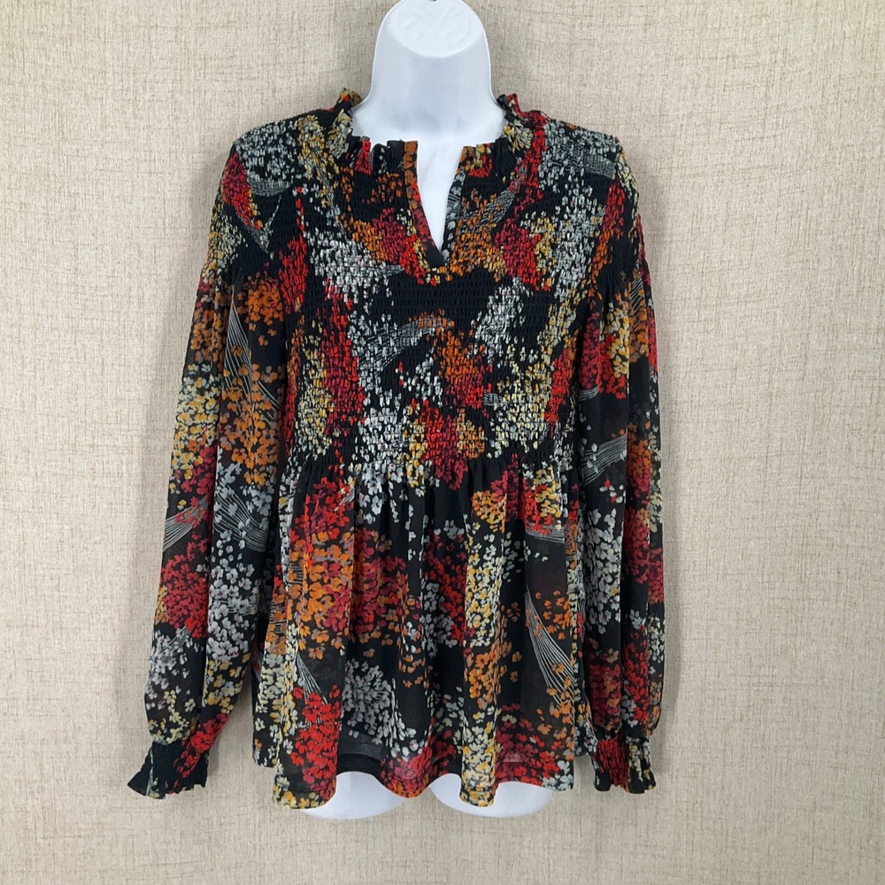 Akemi + Kin Blouse Womens S Black Floral Anthropologie Boho Smocked Peplum Top